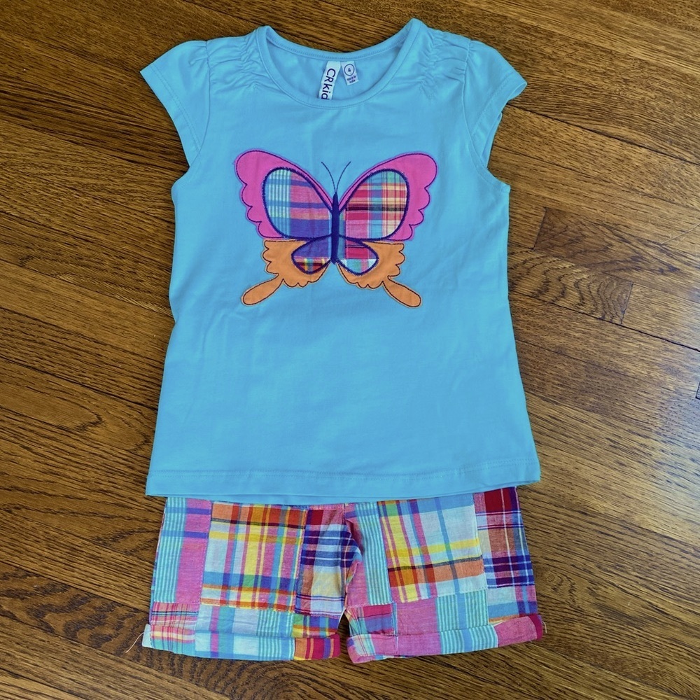 NWT. Girls Size 4 Aqua Butterfly Cap Sleeve Shirt and Matching Madras Short Set